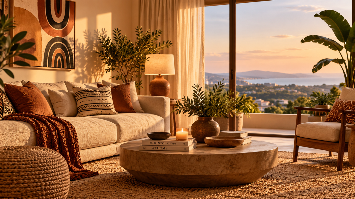 Warm Afrocentric minimalist living room with natural textures and golden-hour lighting for Urban Ease